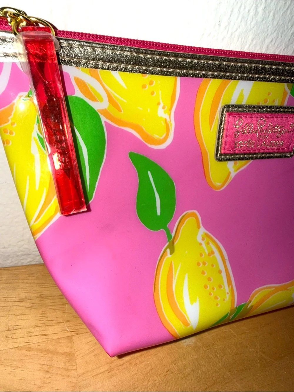 Lilly Pulitzer for Estée Lauder cosmetic bag, pink w/ yellow lemons